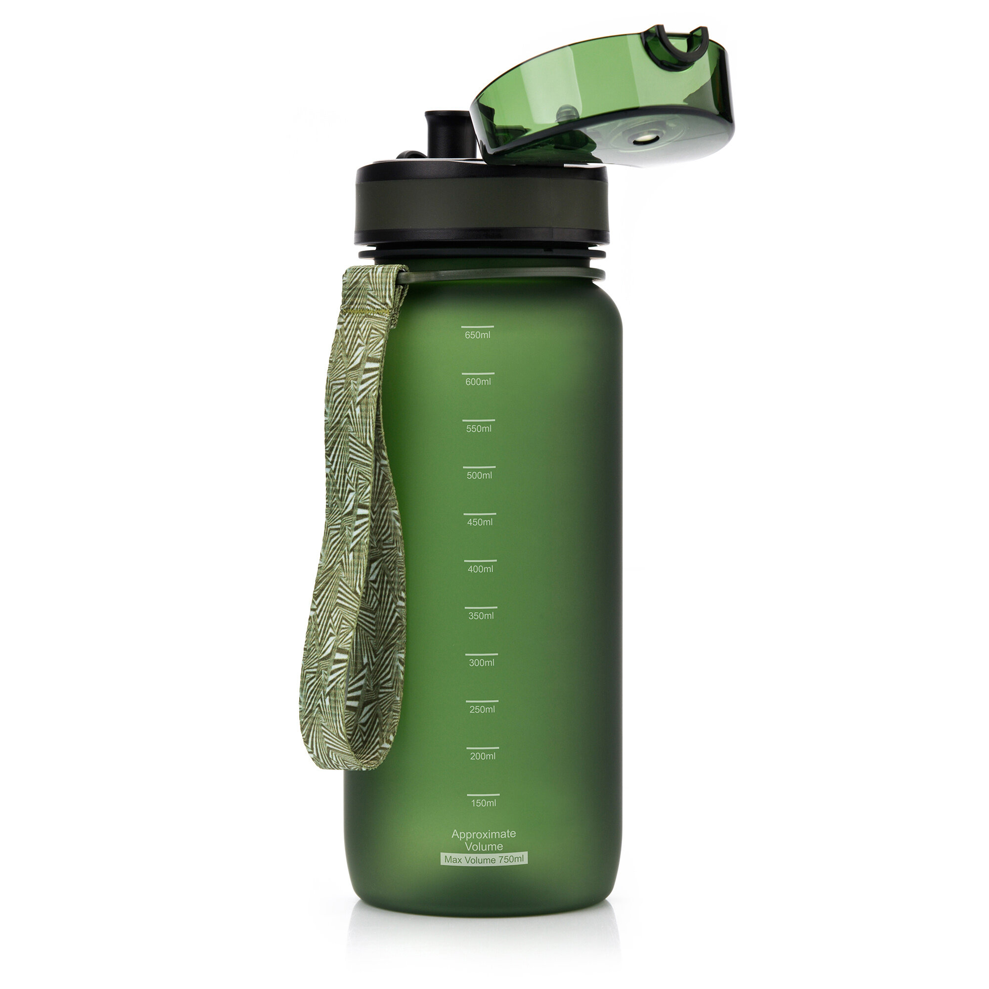 Ciemnozielony bidon sportowy z miarką w mililitrach na boku i otwartym ustnikiem. Posiada ozdobny pasek z wzorem oraz napis \'Approximate Max Volume Max Volume 750ml\'.