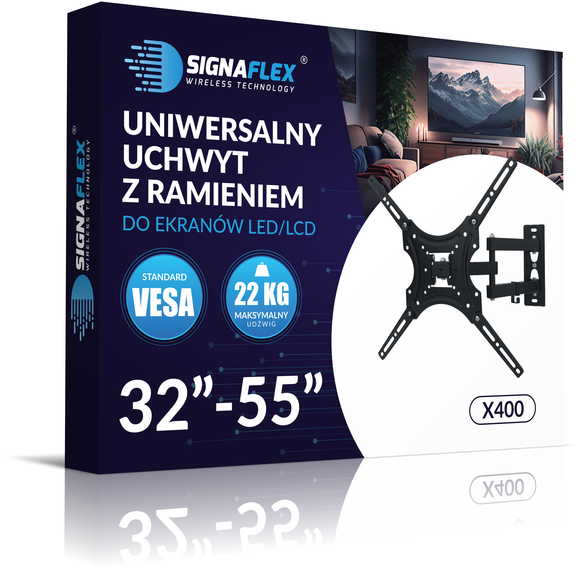 Opakowanie uchwytu do telewizora Signaflex X400 z napisem \'UNIWERSALNY UCHWYT Z RAMIENIEM DO EKRANÓW LED/LCD\'. Widoczne są informacje: \'STANDARD VESA\', \'22 KG MAKSYMALNY UDŹWIG\', \'32\