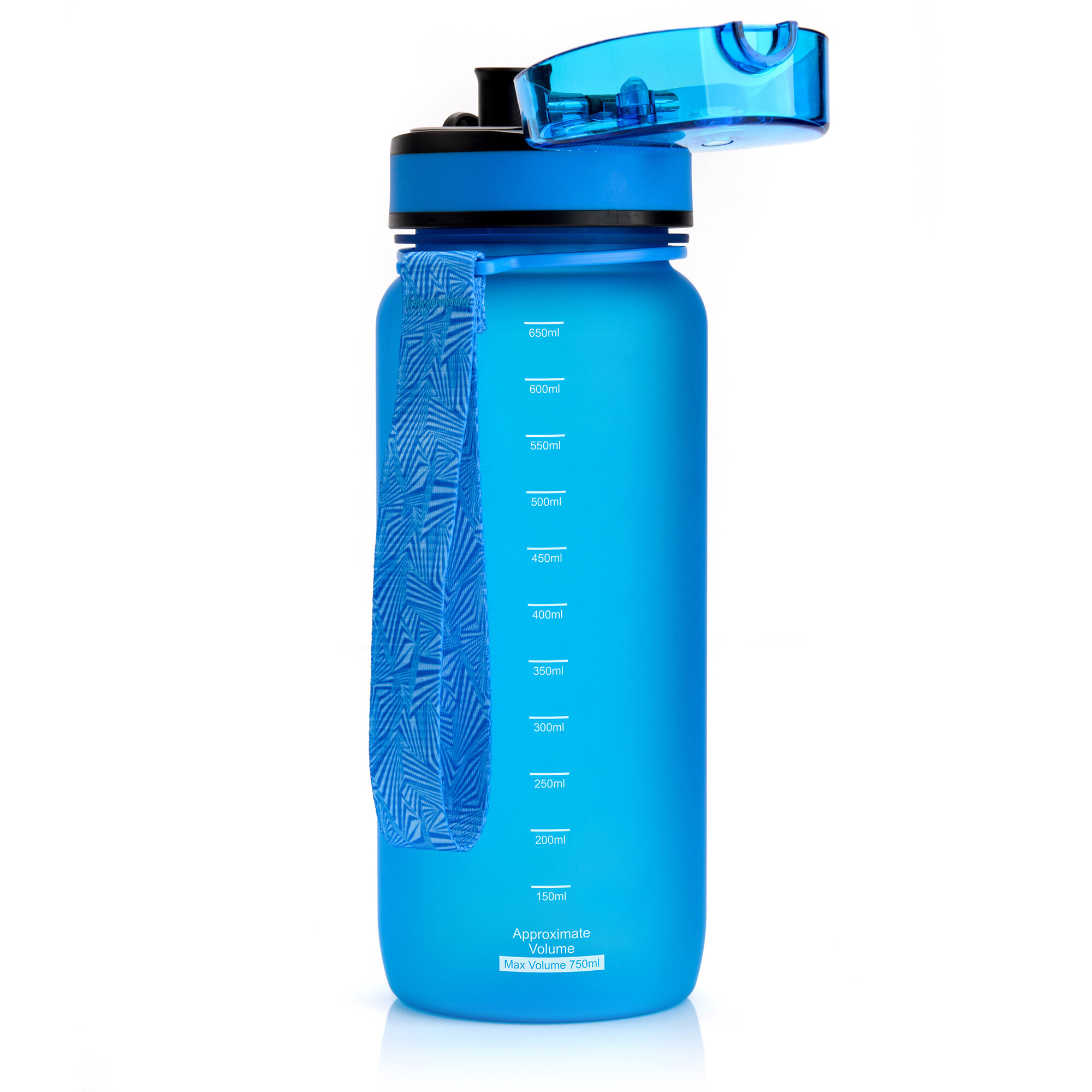Niebieski bidon sportowy z miarką objętości do 650 ml, posiada otwierane wieczko i uchwyt z wzorem. Na bidonie widoczna jest skala w mililitrach oraz napis \'Approximate Volume Max Volume 750ml\'.
