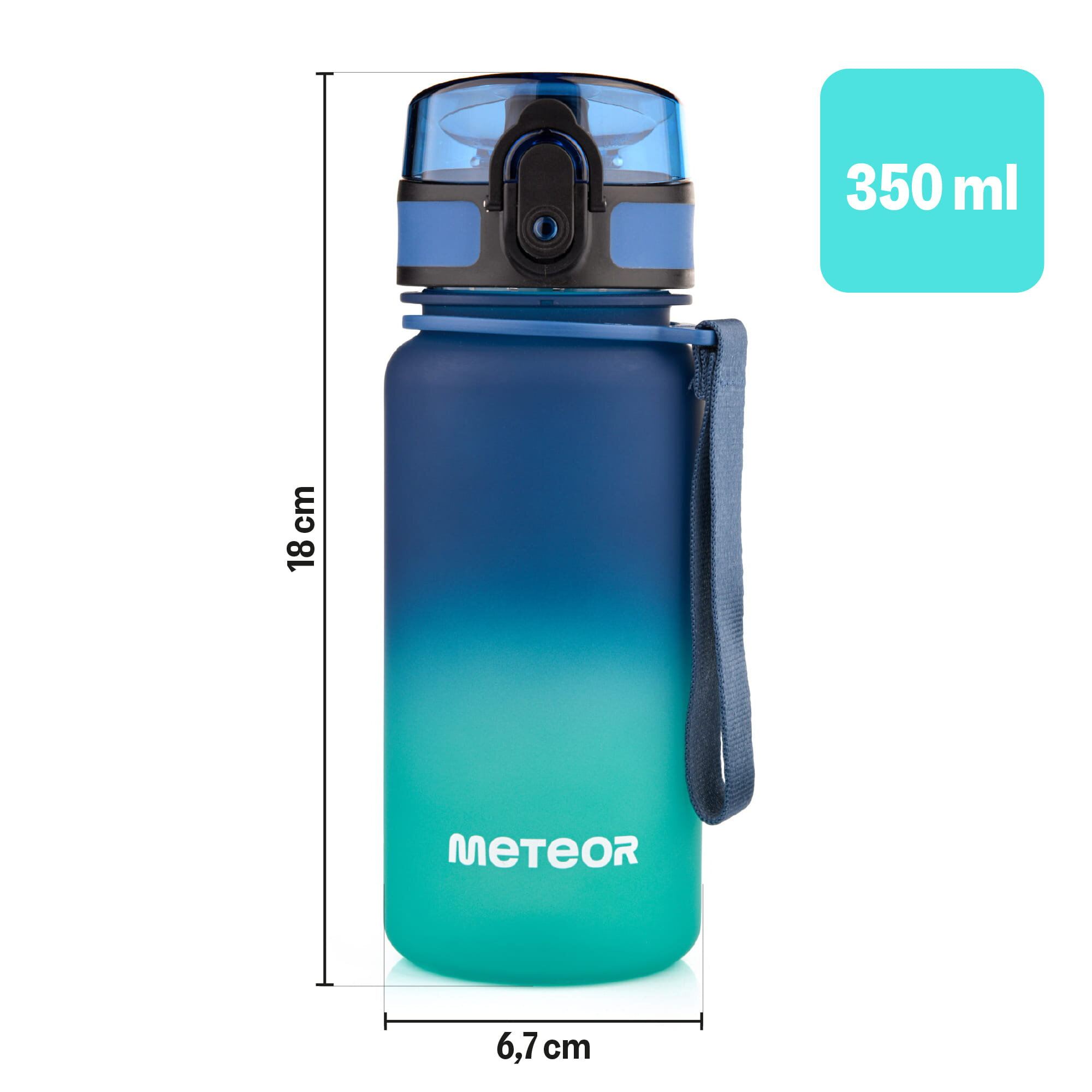 Bidon sportowy w kolorze turkusowym z gradientem, o pojemności 350 ml i wysokości 18 cm, z logo \'METEOR\'. Posiada ciemnoniebieski pasek i przezroczystą pokrywkę z ustnikiem.