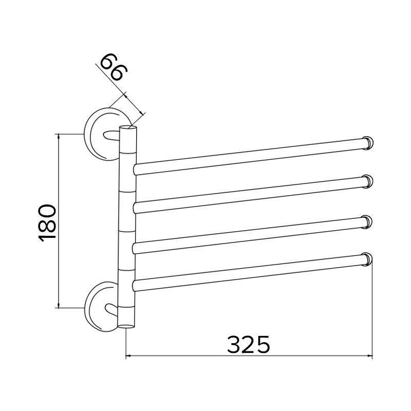 Schematyczny rysunek wieszaka łazienkowego z czterema poziomymi ramionami. Wymiary to 180 mm wysokości i 325 mm szerokości, z dodatkowym oznaczeniem 66 mm.