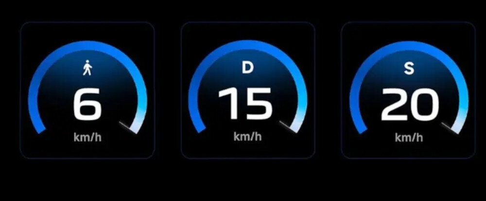 Obraz przedstawia trzy prędkości: 6 km/h z ikoną chodzącej osoby, 15 km/h z literą \'D\', oraz 20 km/h z literą \'S\'. Każda prędkość jest umieszczona na ciemnym tle z niebieskim wskaźnikiem.