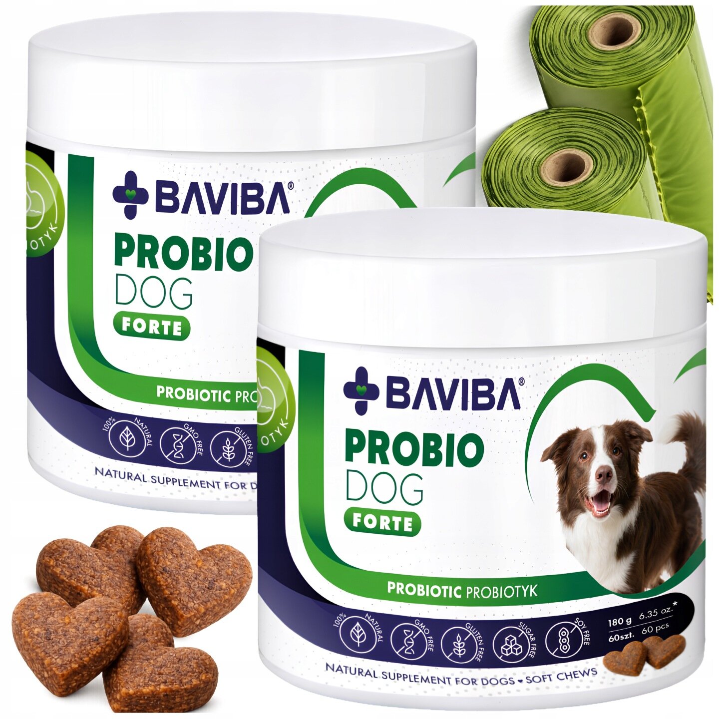 Na obrazie znajdują się dwa białe pojemniki z etykietą \'BAVIBA PROBIO DOG FORTE\', obok których leżą brązowe przysmaki w kształcie serc oraz zielone rolki worków. Na etykiecie widoczny jest wizerunek psa oraz ikony symbolizujące naturalne składniki.