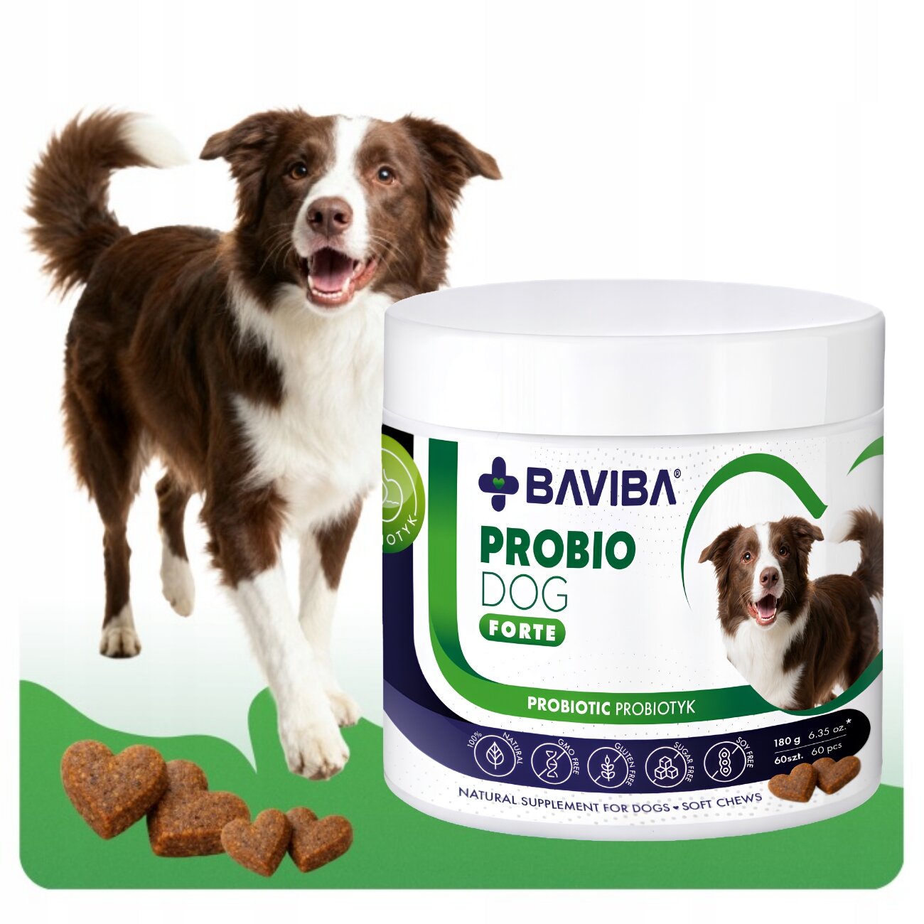Na obrazie widoczny jest pies oraz opakowanie produktu BAVIBA PROBIO DOG FORTE. Opakowanie zawiera informacje: \'PROBIOTIC PROBIOTYK\' oraz \'NATURAL SUPPLEMENT FOR DOGS - SOFT CHEWS\'.