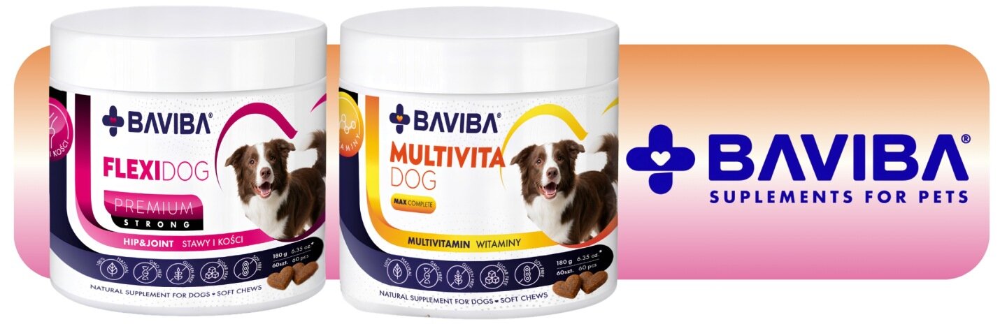 Na obrazie znajdują się dwa opakowania suplementów dla psów marki BAVIBA: FLEXI DOG i MULTIVITA DOG. Obok widoczne jest logo BAVIBA z napisem \'SUPLEMENTS FOR PETS\' na tle gradientu pomarańczowo-różowego.