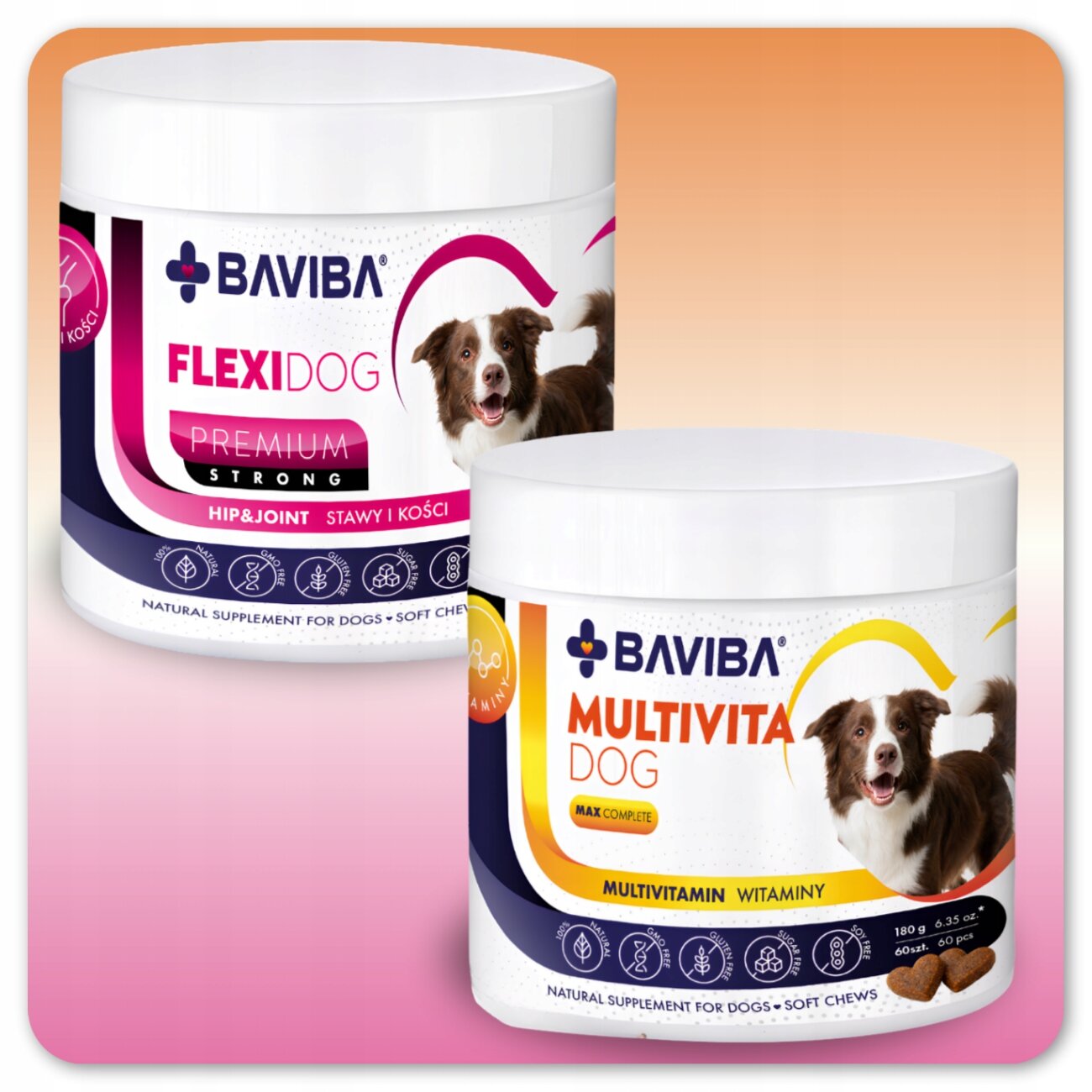 Na obrazie widoczne są dwa opakowania suplementów dla psów marki BAVIBA: FLEXIDOG PREMIUM STRONG oraz MULTIVITA DOG. Opakowania mają kolorowe etykiety z wizerunkiem psa i informacjami o produkcie.
