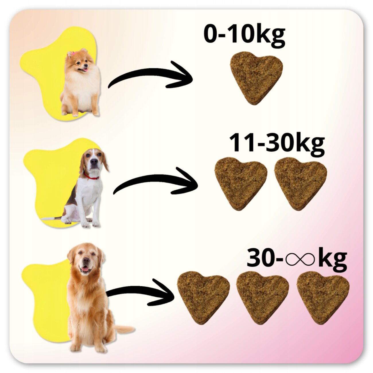Obraz przedstawia trzy psy różnej wielkości z przypisanymi ilościami sercowatych przysmaków: 0-10kg - jeden przysmak, 11-30kg - dwa przysmaki, 30-∞kg - trzy przysmaki.