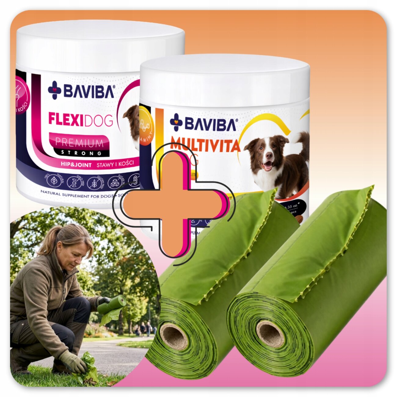 Na obrazie widoczne są dwa opakowania suplementów dla psów marki BAVIBA: FLEXIDOG PREMIUM STRONG i MULTIVITA, obok których znajduje się duży symbol plusa oraz dwa zielone rolki materiału. W dolnym rogu widoczna jest osoba pracująca w ogrodzie.