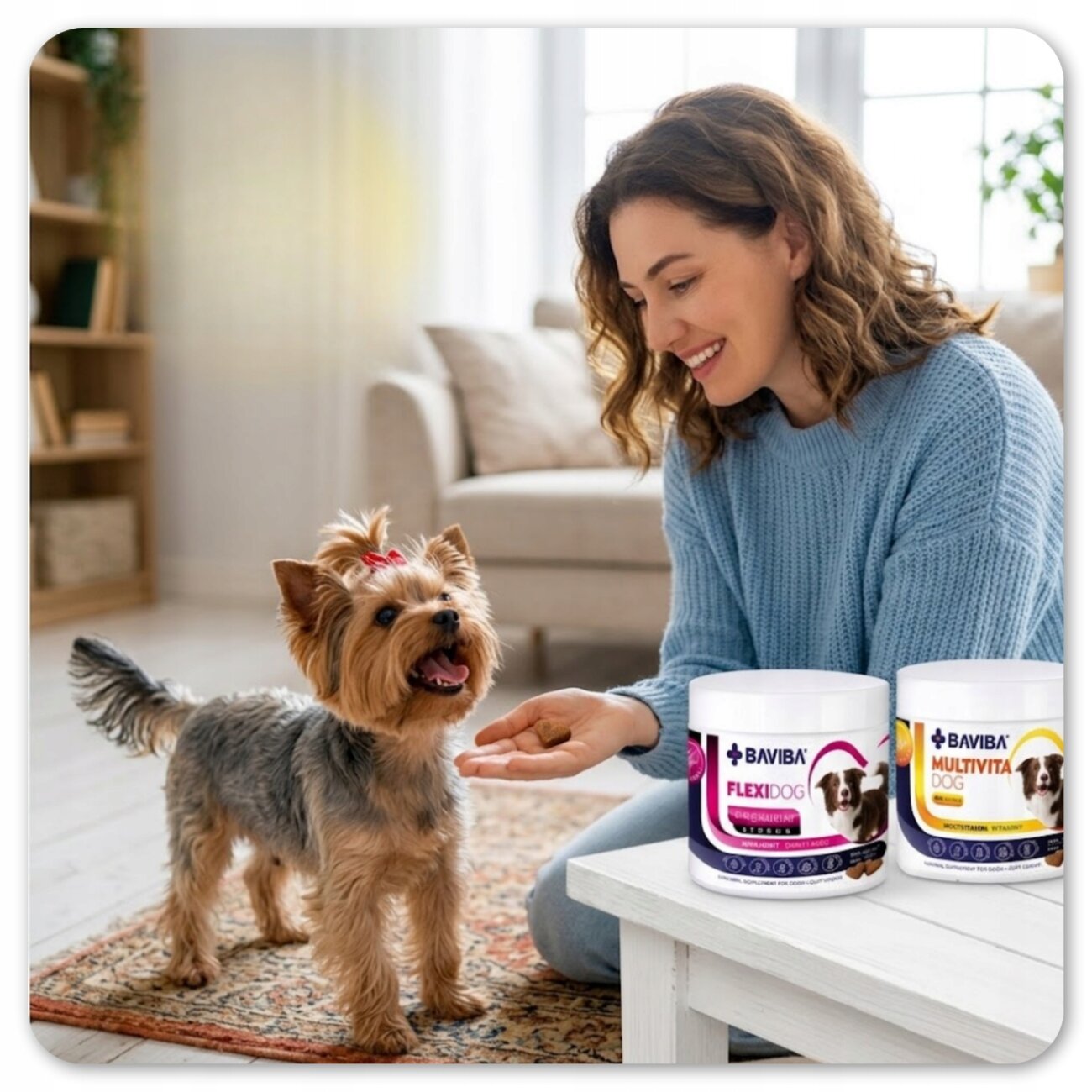 Kobieta w niebieskim swetrze siedzi na dywanie i podaje smakołyk małemu psu. Na stoliku obok znajdują się dwa opakowania suplementów dla psa z napisami \'BAVIBA FLEXI DOG\' i \'BAVIBA MULTIVITA DOG\'.