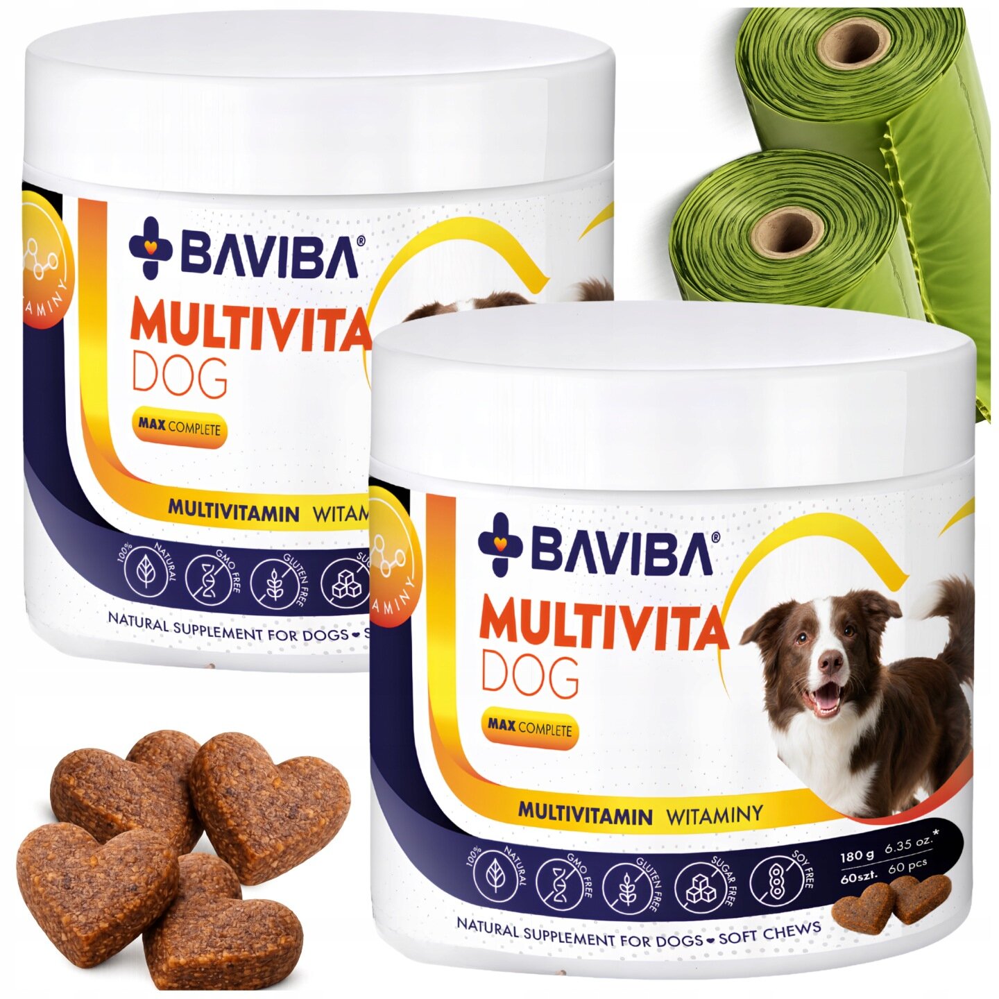 Na obrazie znajdują się dwa białe pojemniki z etykietą \'BAVIBA MULTIVITA DOG MAX COMPLETE\', obok których widoczne są zielone rolki oraz kilka sercowatych przysmaków dla psów.
