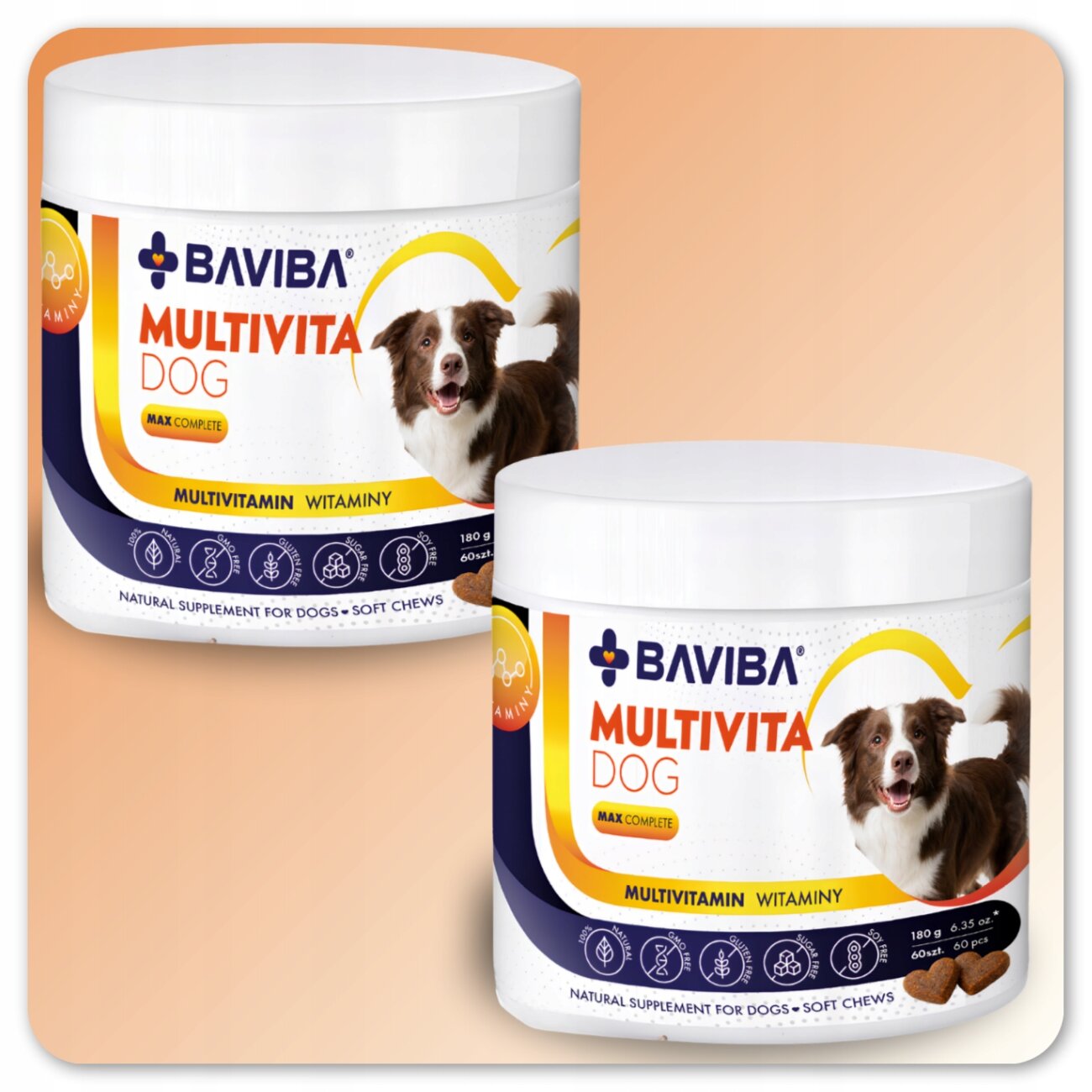 Na obrazie widoczne są dwa białe pojemniki z etykietą \'BAVIBA MULTIVITA DOG MAX COMPLETE\'. Na etykiecie znajduje się zdjęcie psa oraz informacje \'MULTIVITAMIN WITAMINY\' i \'NATURAL SUPPLEMENT FOR DOGS • SOFT CHEWS\'.