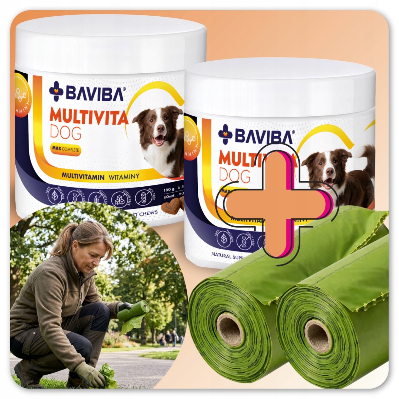 Na obrazie widoczne są dwa opakowania suplementów BAVIBA MULTIVITA DOG z wizerunkiem psa oraz dwa zielone rolki materiału. W dolnym rogu znajduje się zdjęcie osoby zbierającej coś z trawnika w parku.