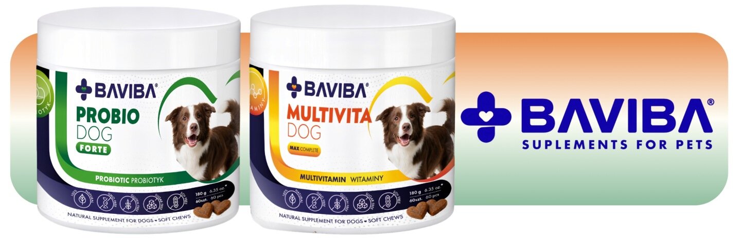 Na obrazie znajdują się dwa opakowania suplementów dla psów marki BAVIBA: PROBIO DOG FORTE i MULTIVITA DOG MAX. Obok widoczne jest logo BAVIBA SUPLEMENTS FOR PETS na tle gradientu pomarańczowo-zielonego.