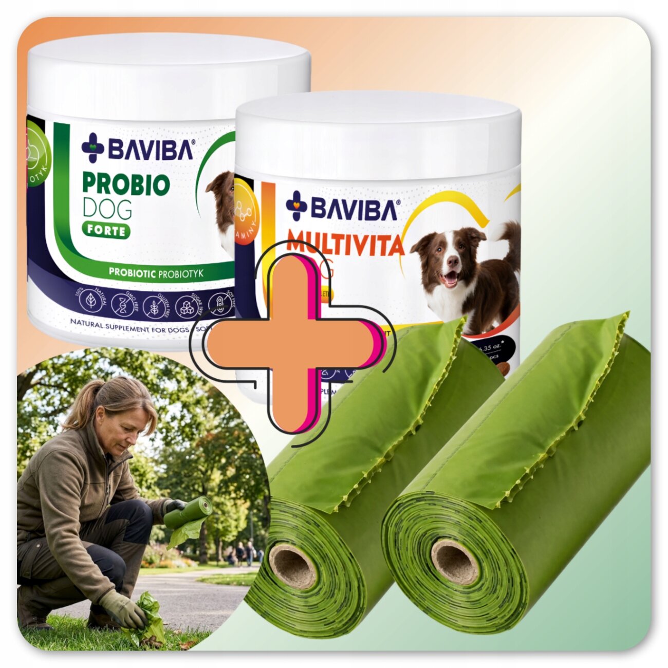 Na obrazie znajdują się dwa białe pojemniki z etykietami \'BAVIBA PROBIO DOG FORTE\' i \'BAVIBA MULTIVITA\', obok nich widoczne są dwa zielone zwoje materiału oraz symbol plusa. W dolnym rogu znajduje się zdjęcie osoby pracującej w ogrodzie.