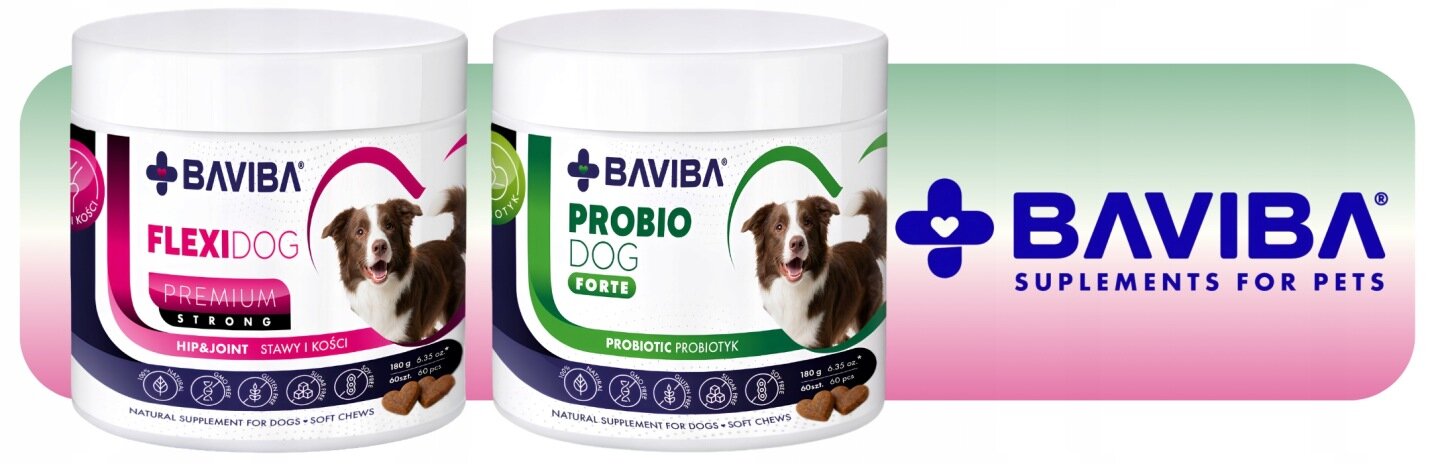 Na obrazie znajdują się dwa opakowania suplementów dla psów marki BAVIBA: FLEXIDOG PREMIUM STRONG i PROBIODOG FORTE. Obok widoczne jest logo BAVIBA SUPLEMENTS FOR PETS na tle gradientu zielono-różowego.
