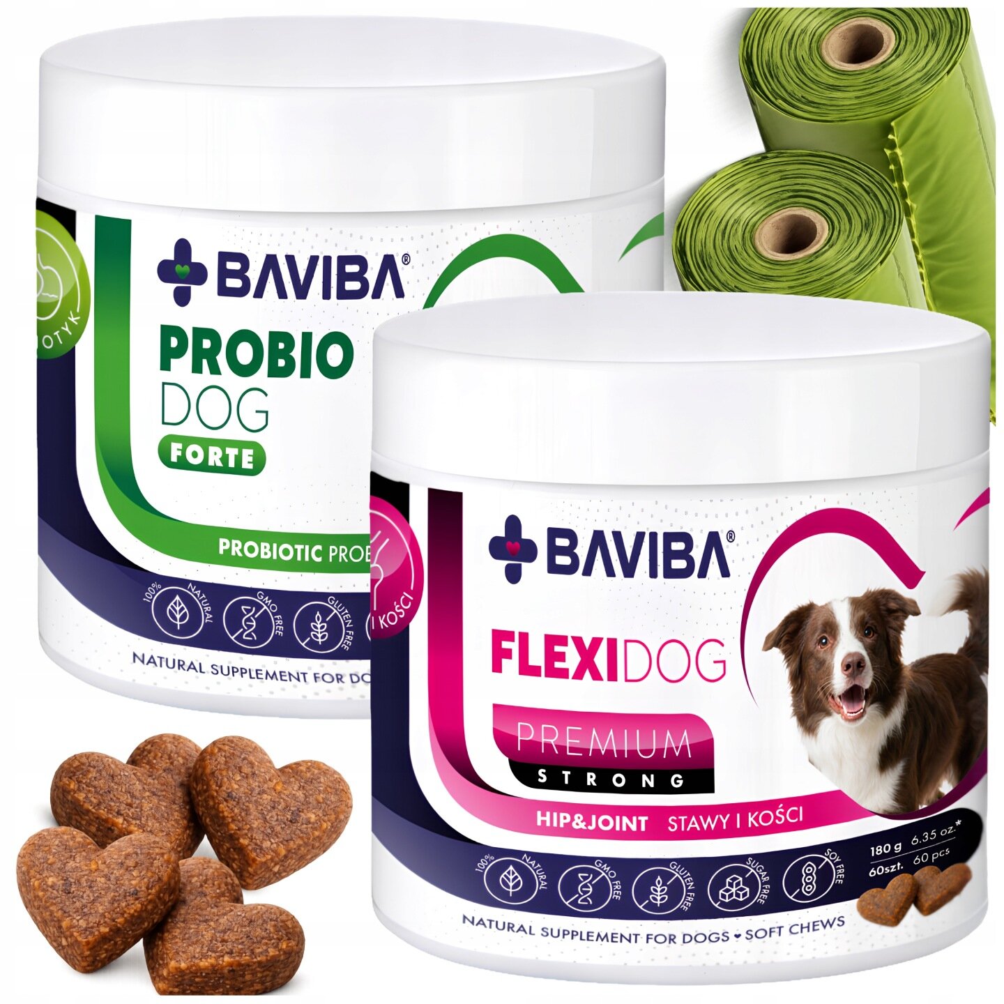 Na obrazie widoczne są dwa opakowania suplementów dla psów marki BAVIBA: PROBIO DOG FORTE i FLEXI DOG PREMIUM STRONG. Obok znajdują się zielone rolki oraz kilka sercowatych przysmaków.