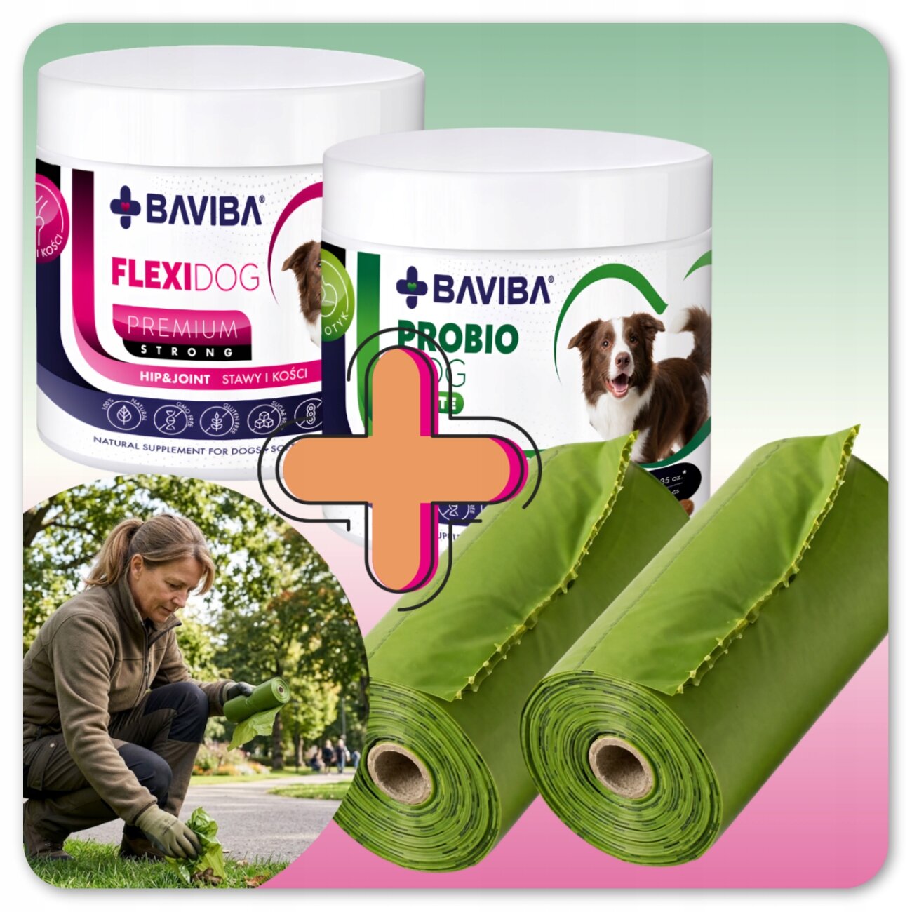Obraz przedstawia dwa opakowania suplementów dla psów marki BAVIBA: FLEXIDOG PREMIUM STRONG i PROBIODOG FORTE, z wizerunkiem psa na etykietach. Obok widoczne są dwie zielone rolki materiału oraz osoba pracująca w ogrodzie.