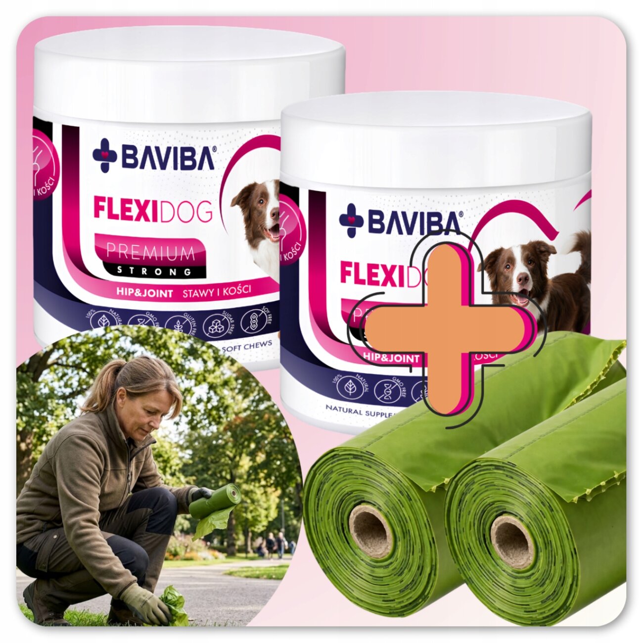 Na obrazie widoczne są dwa opakowania produktu BAVIBA FLEXIDOG Premium Strong oraz dwa zielone rolki materiału. W dolnym rogu znajduje się zdjęcie osoby w parku, która zbiera coś z ziemi.