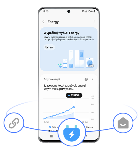 Na ekranie smartfona widoczna jest aplikacja z sekcją \'Energy\', zawierająca opcję \'Wypróbuj tryb AI Energy\' oraz wykres zużycia energii. Pod wykresem znajduje się tekst: \'Szacowany koszt za zużycie energii w tym miesiącu wynosi...\'.