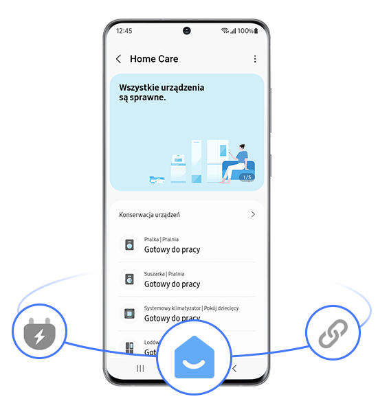 Ekran smartfona z aplikacją \'Home Care\' pokazuje status urządzeń: \'Wszystkie urządzenia są sprawne\'. Lista urządzeń obejmuje pralkę, suszarkę i systemy klimatyzacyjne, wszystkie gotowe do pracy.