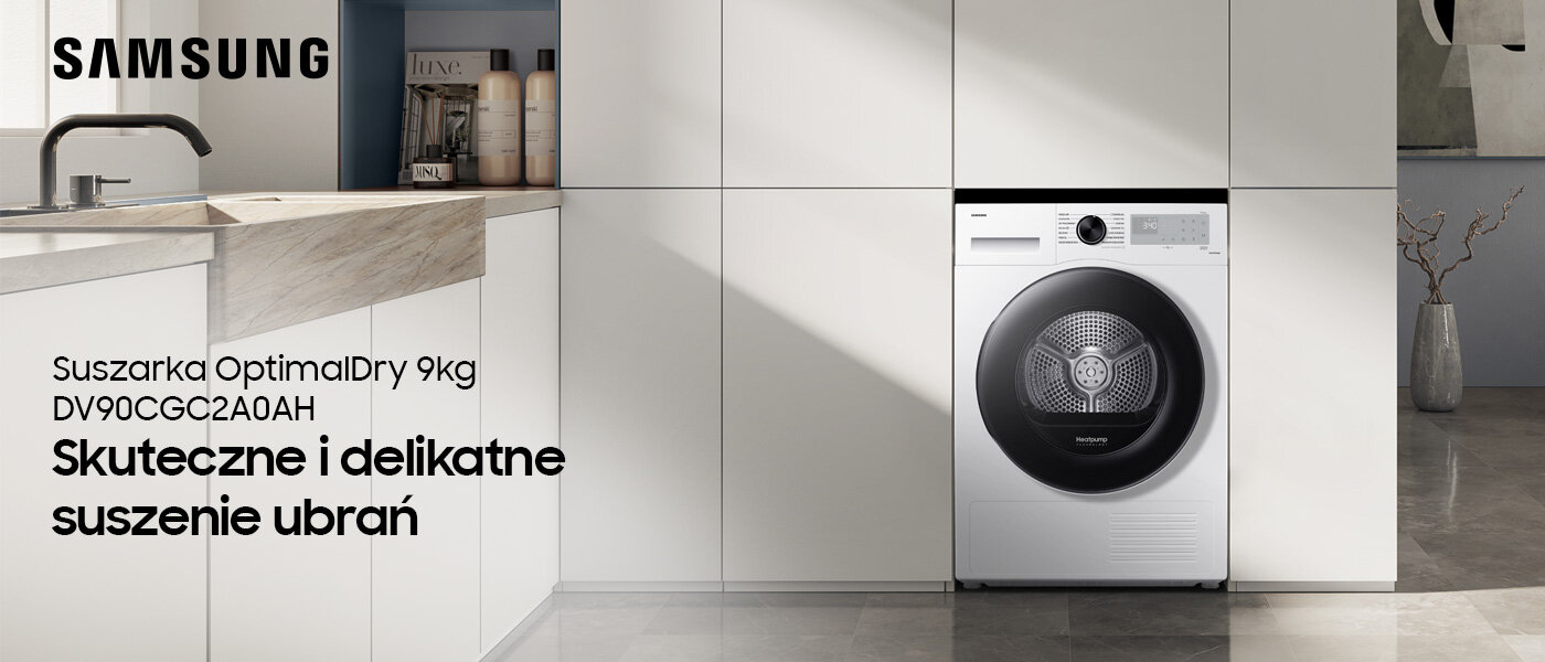 Nowoczesna suszarka OptimalDry w łazience - TERG-MEX Na obrazie widoczna jest biała suszarka w zabudowie kuchennej z czarnym panelem i logo SAMSUNG. Obok znajduje się tekst: \'Suszarka OptimalDry 9kg DV90CGC2A0AH Skuteczne i delikatne suszenie ubrań\'.