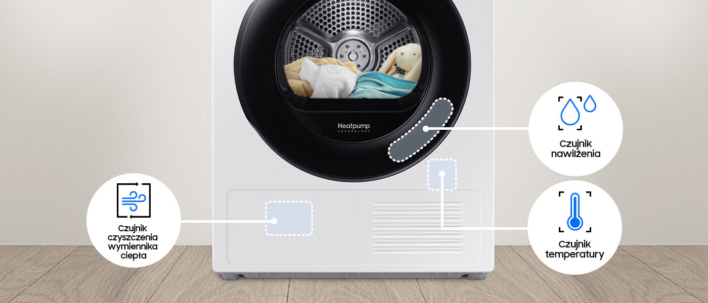 Suszarka Optimal Dry: czujniki Obraz przedstawia suszarkę z widocznym bębnem, w którym znajdują się ubrania. Na suszarce znajdują się oznaczenia: \'czujnik czyszczenia wymiennika ciepła\', \'czujnik nawilżenia\' oraz \'czujnik temperatury\'.