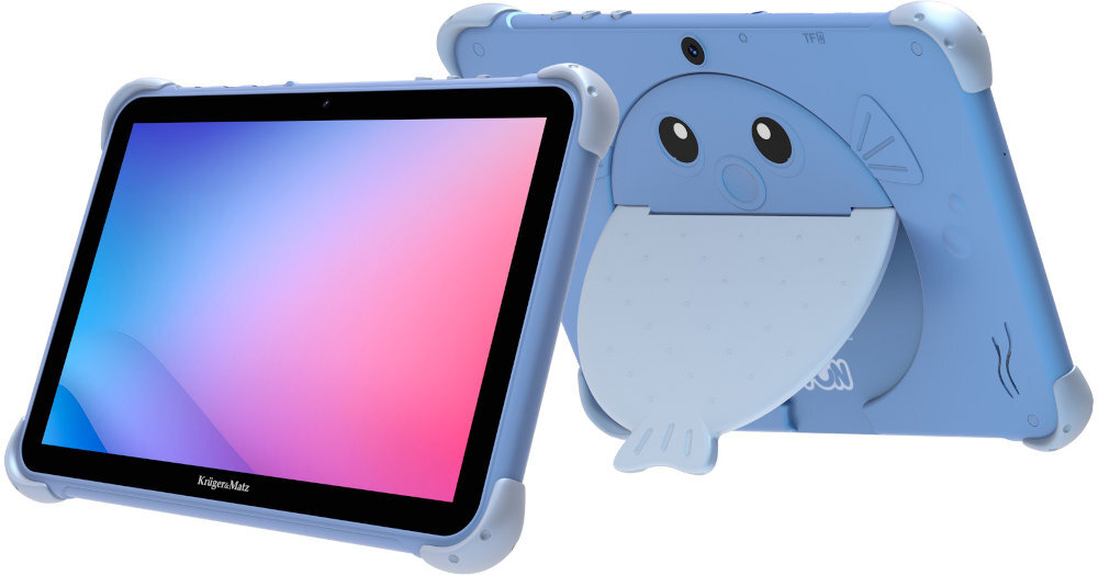 Tablet w niebieskiej obudowie z kolorowym ekranem i grafiką ryby na tylnej części. Widoczne logo \'Kruger&Matz\' na dolnej ramce ekranu.