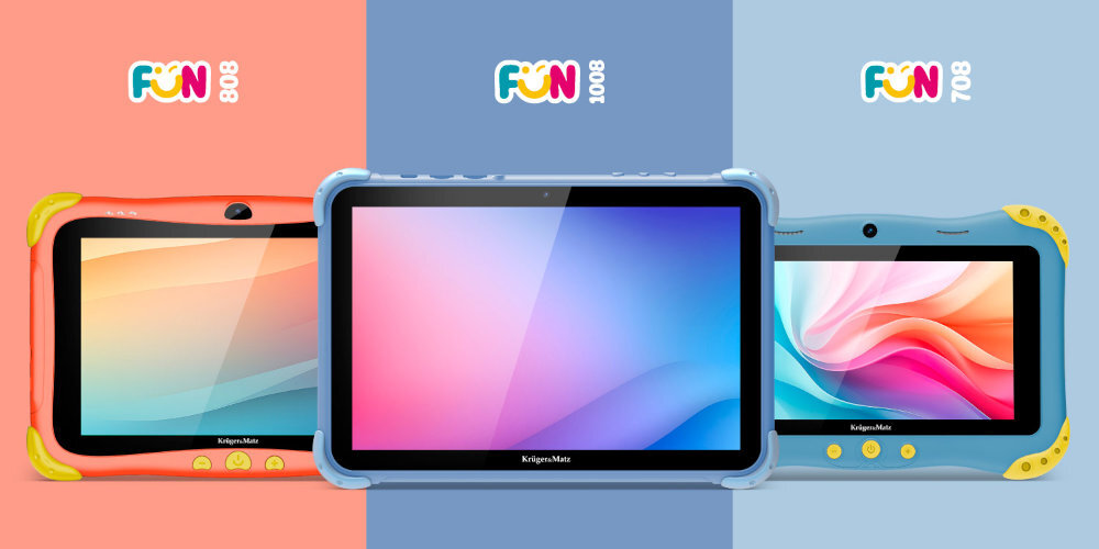 Trzy tablety Kruger&Matz z serii Fun są ustawione obok siebie na kolorowym tle. Każdy tablet ma inny kolor obudowy i wyświetla różne abstrakcyjne wzory na ekranie.