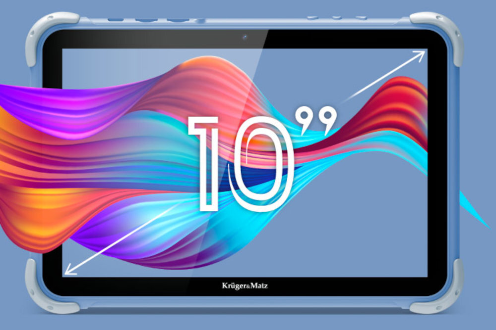 Tablet z niebieską obudową, na ekranie widoczna kolorowa grafika z napisem \'10\