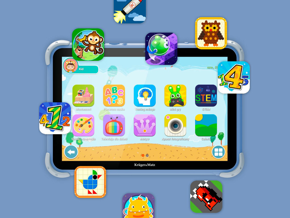 Tablet z aplikacjami edukacyjnymi na ekranie, otoczony ikonami gier i programów. Widoczne logo: Kruger&Matz.