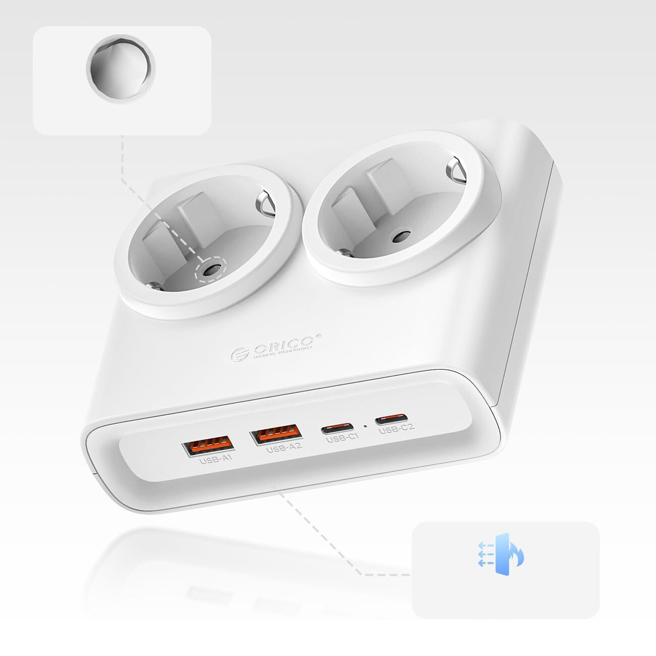 Biała listwa zasilająca z dwoma gniazdami AC oraz czterema portami USB (2x USB-A, 2x USB-C). Widoczne logo \'ORICO\' na powierzchni urządzenia.