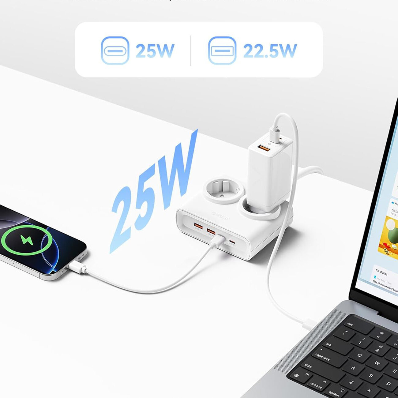 Na obrazie widoczna jest biała listwa zasilająca z dwoma gniazdami AC, dwoma portami USB-A i dwoma portami USB-C. Obok listwy znajduje się telefon i laptop podłączone do niej kablami, a na obrazie widnieje napis \'25W\'.
