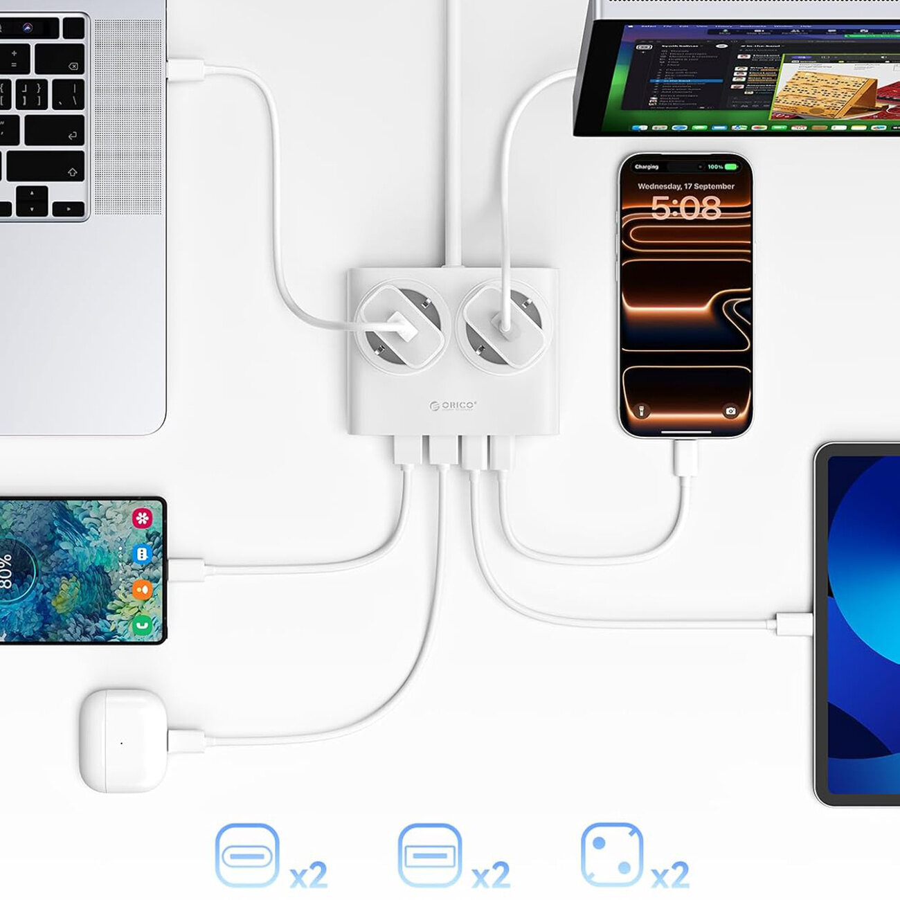 Na obrazie widoczna jest biała listwa zasilająca Orico z dwoma gniazdami AC oraz czterema portami USB (2x USB-A i 2x USB-C), do której podłączone są różne urządzenia elektroniczne. Na listwie znajduje się logo \'Orico\'.