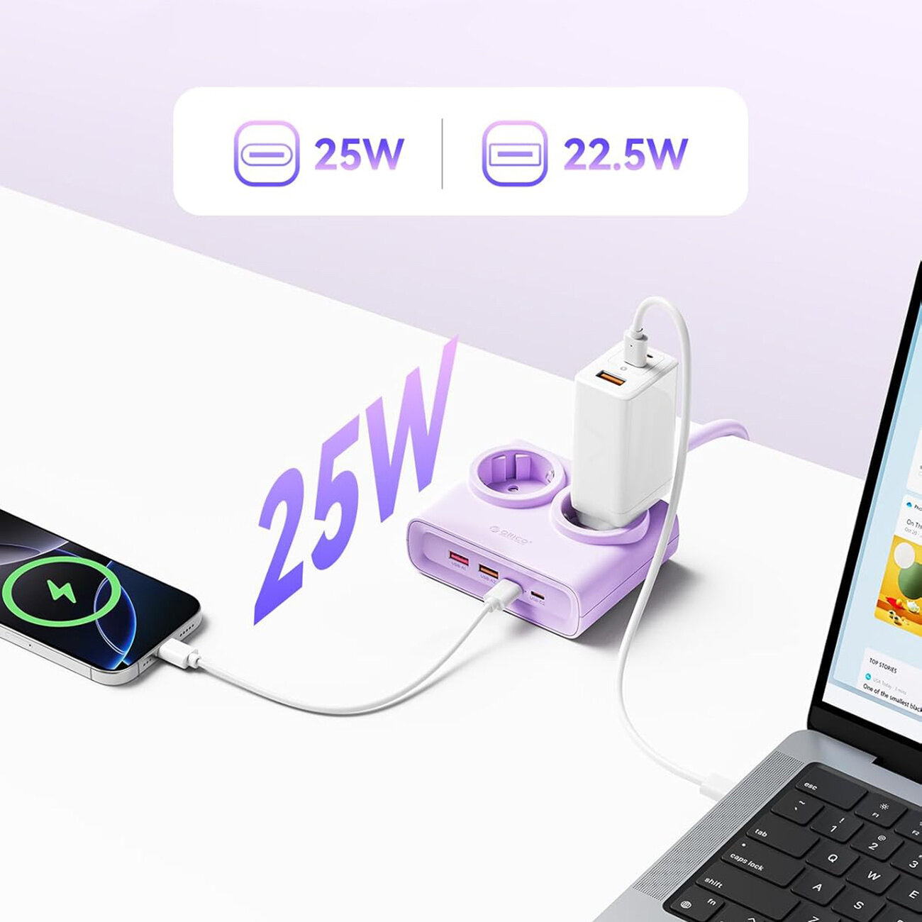 Fioletowa listwa zasilająca z dwoma gniazdami AC, dwoma portami USB-A i dwoma portami USB-C, z podłączonymi urządzeniami. Widoczny tekst: \'25W\', \'22.5W\'.