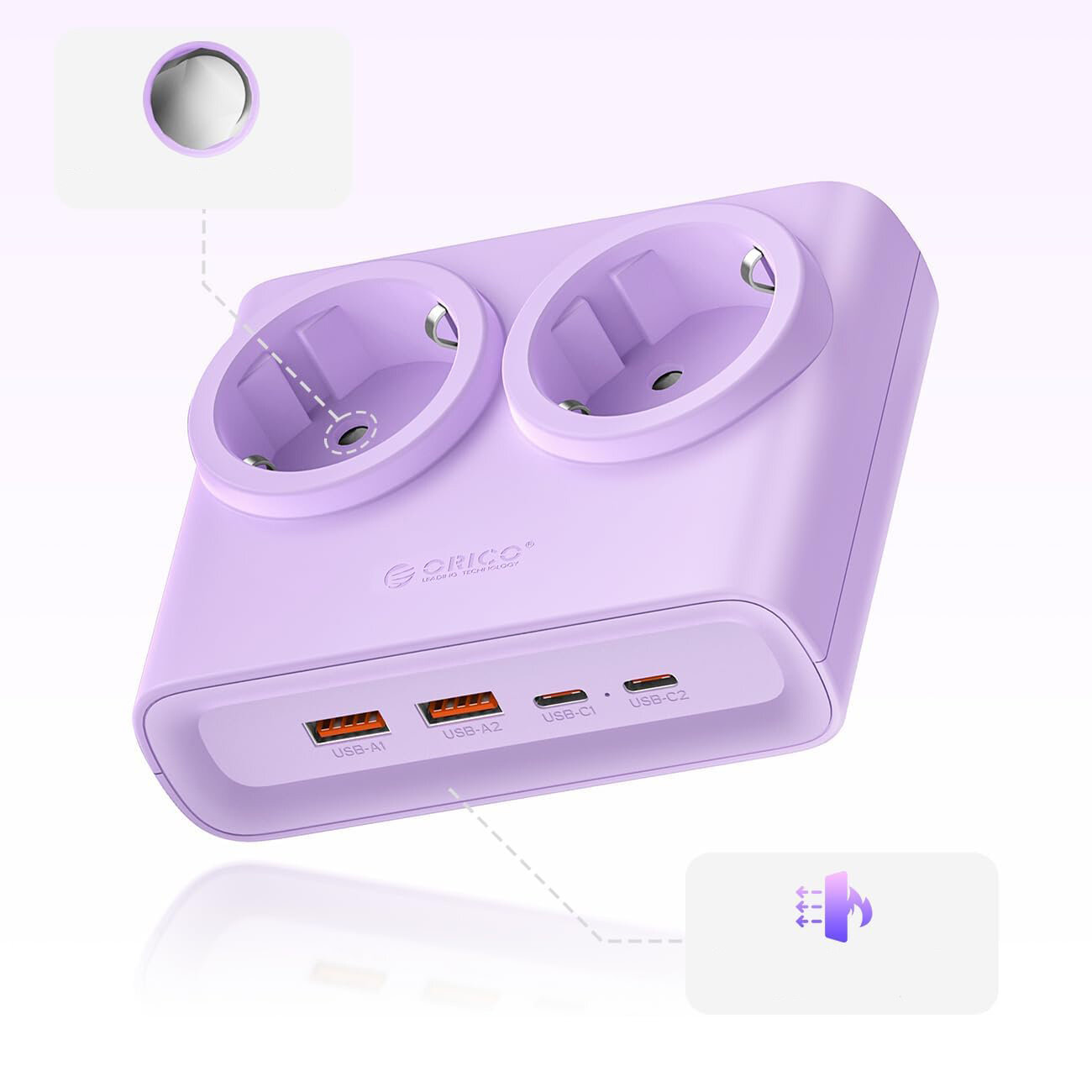 Fioletowa listwa zasilająca z dwoma gniazdami AC oraz czterema portami USB (dwa USB-A i dwa USB-C). Na obudowie widoczne jest logo \'Orico\'.