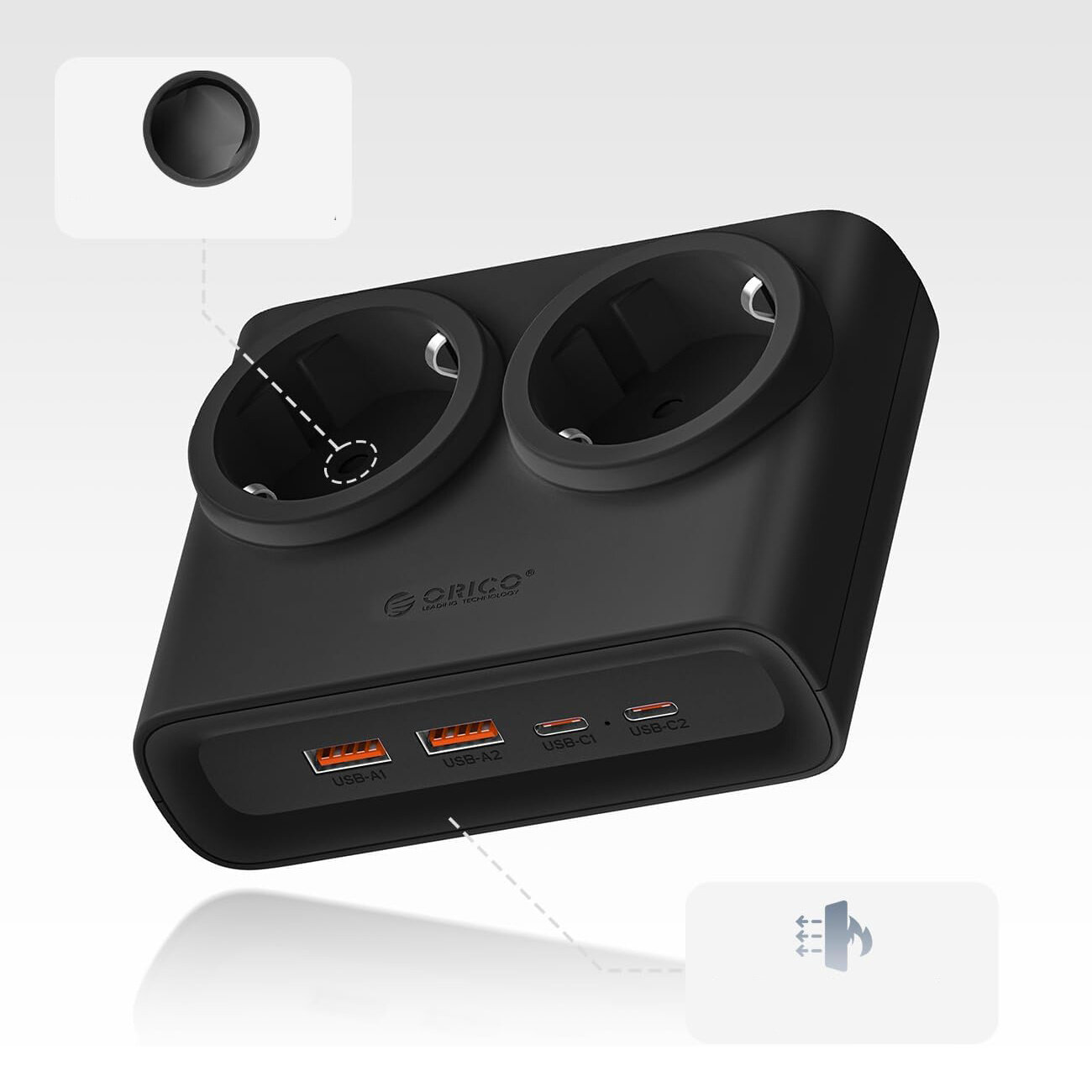 Czarna listwa zasilająca Orico z dwoma gniazdami AC oraz czterema portami USB (2x USB-A, 2x USB-C). Na obudowie widoczne jest logo \'Orico\'.