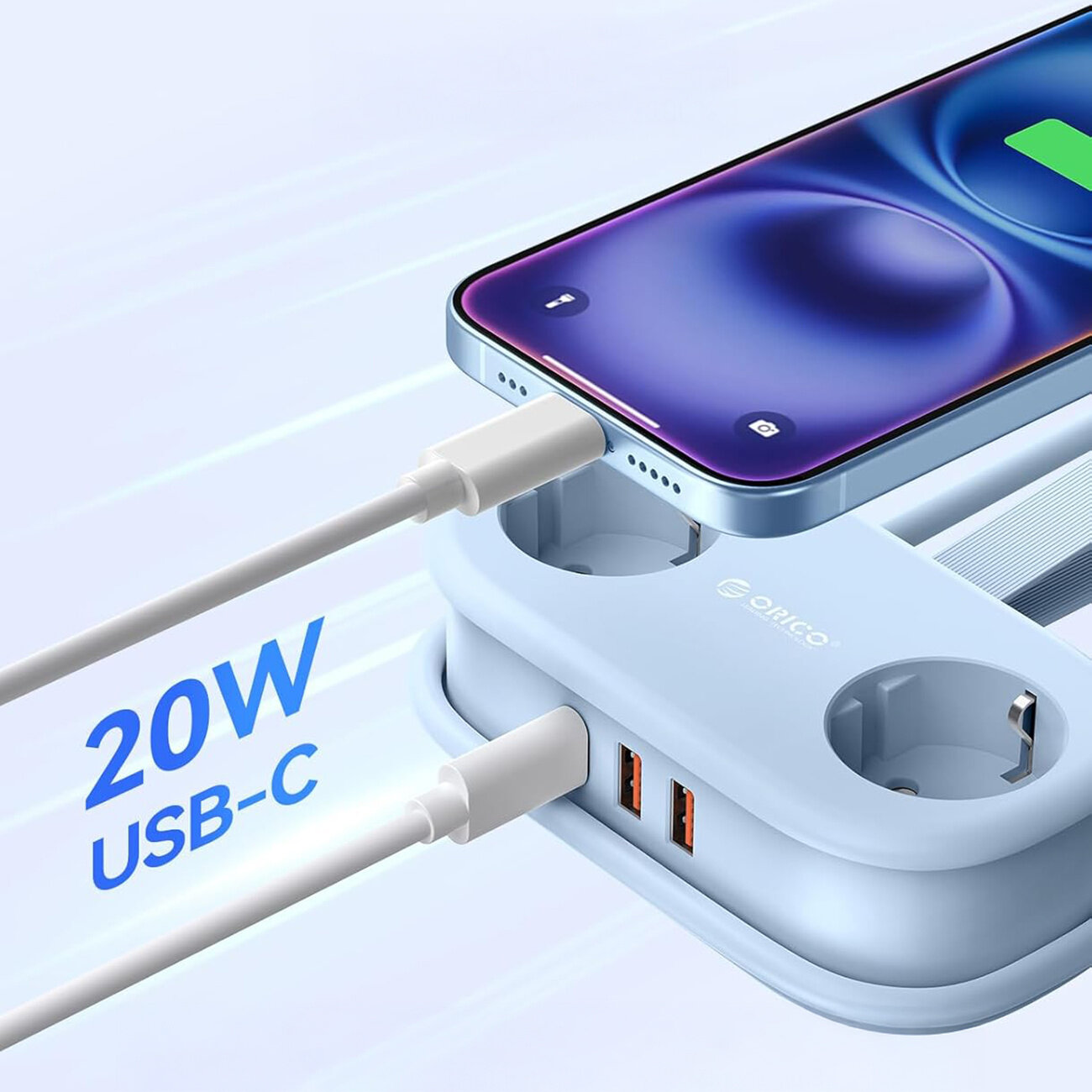 Niebieska listwa zasilająca z dwoma gniazdami AC, dwoma portami USB-A i jednym USB-C, na której ładowany jest telefon. Widoczny tekst: \'20W USB-C\'.