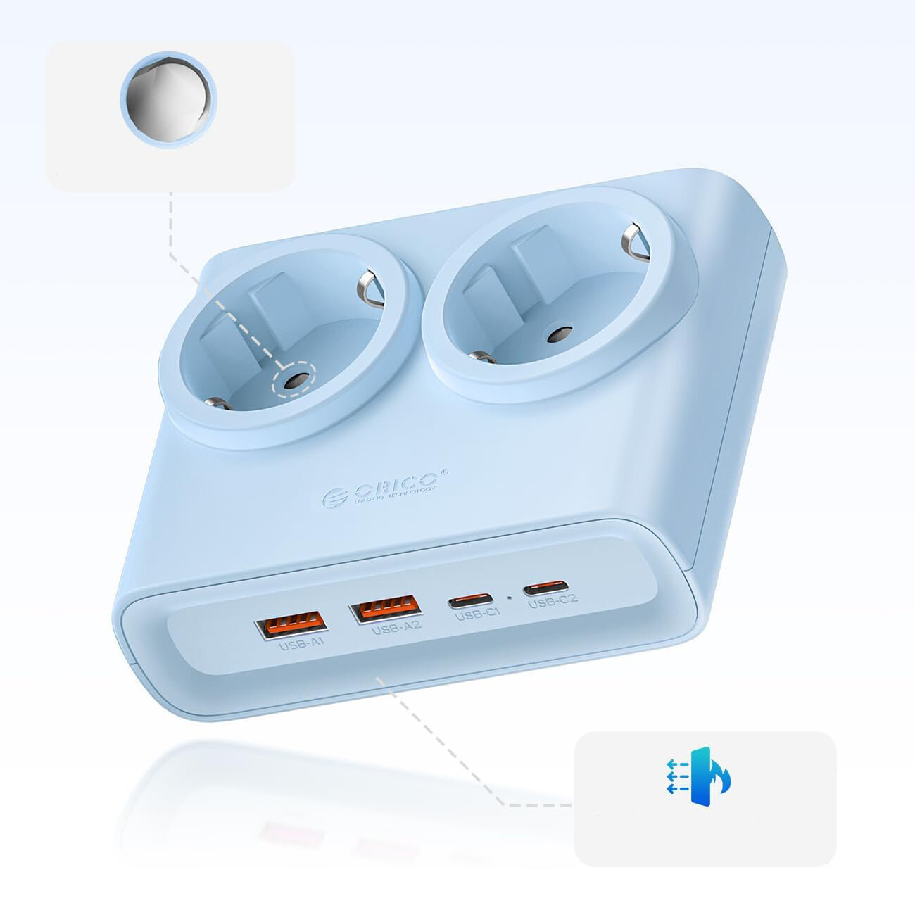 Niebieska listwa zasilająca z dwoma gniazdami AC oraz czterema portami USB (dwa USB-A i dwa USB-C). Na listwie widoczne jest logo \'ORICO\'.