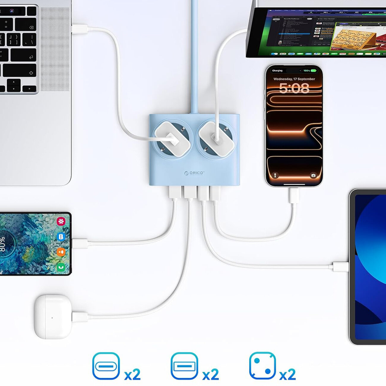 Niebieska listwa zasilająca Orico z dwoma gniazdami AC oraz czterema portami USB (2x USB-A, 2x USB-C) podłączona do różnych urządzeń elektronicznych. Na listwie widoczne jest logo \'Orico\'.