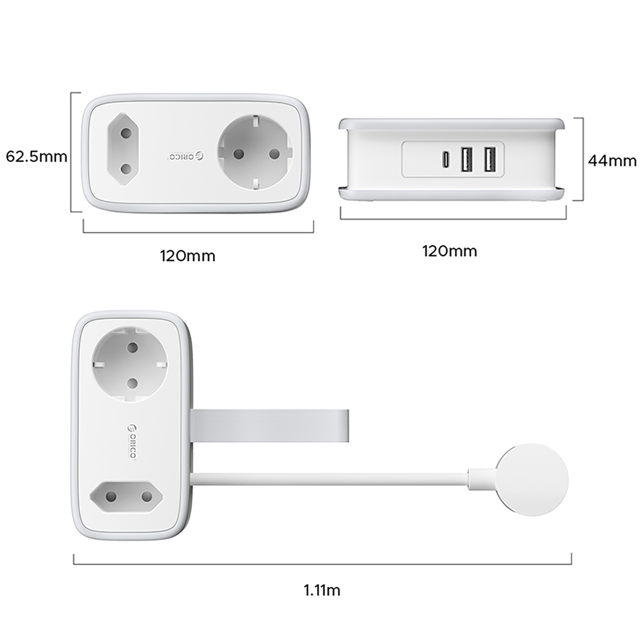 Biała listwa zasilająca z dwoma gniazdami AC, dwoma portami USB-A i jednym portem USB-C. Wymiary listwy to 120mm x 62.5mm x 44mm, a długość kabla wynosi 1.11m.
