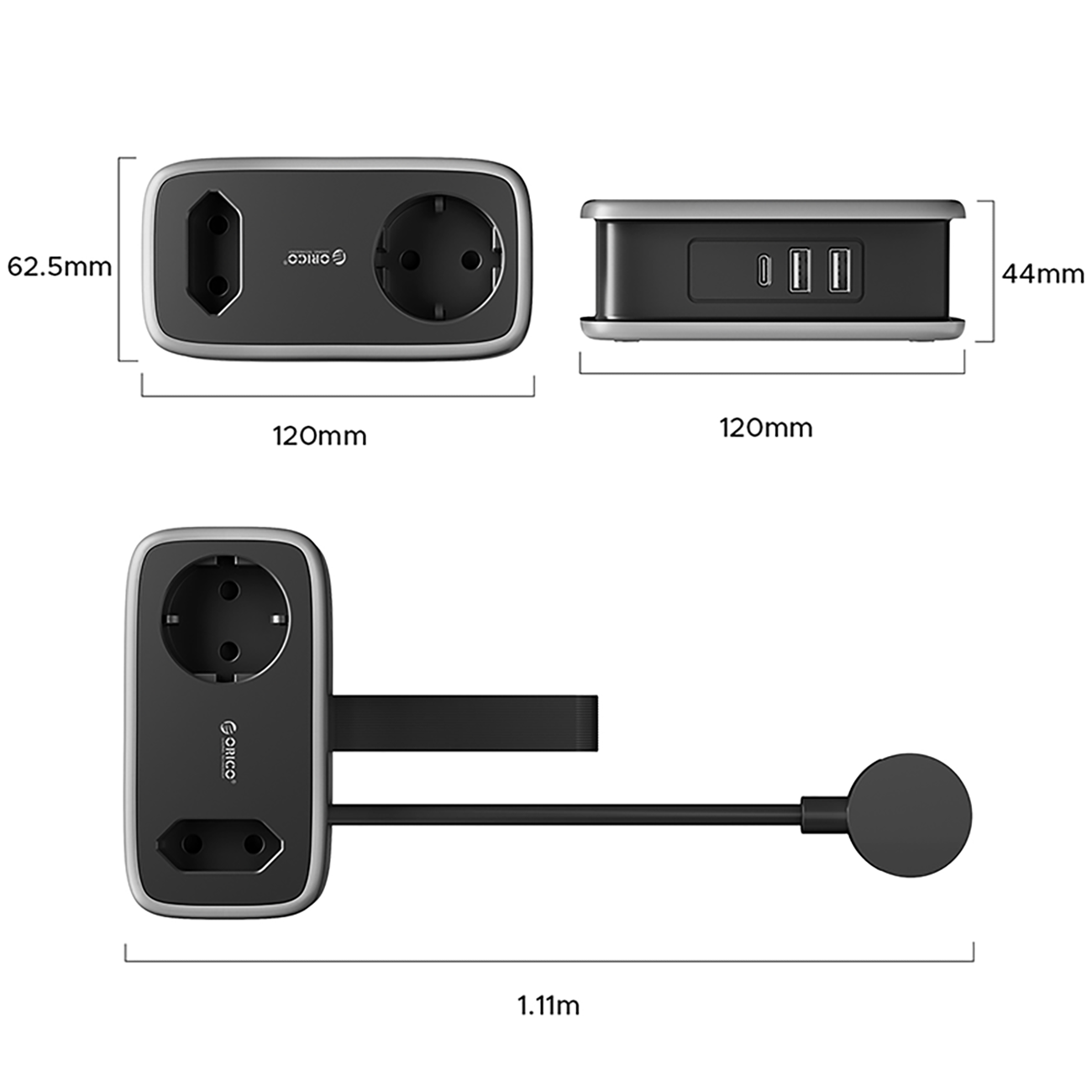 Obraz przedstawia czarną listwę zasilającą z dwoma gniazdami AC, dwoma portami USB-A i jednym portem USB-C. Wymiary listwy to 120mm x 62.5mm x 44mm, a długość kabla wynosi 1.11m.