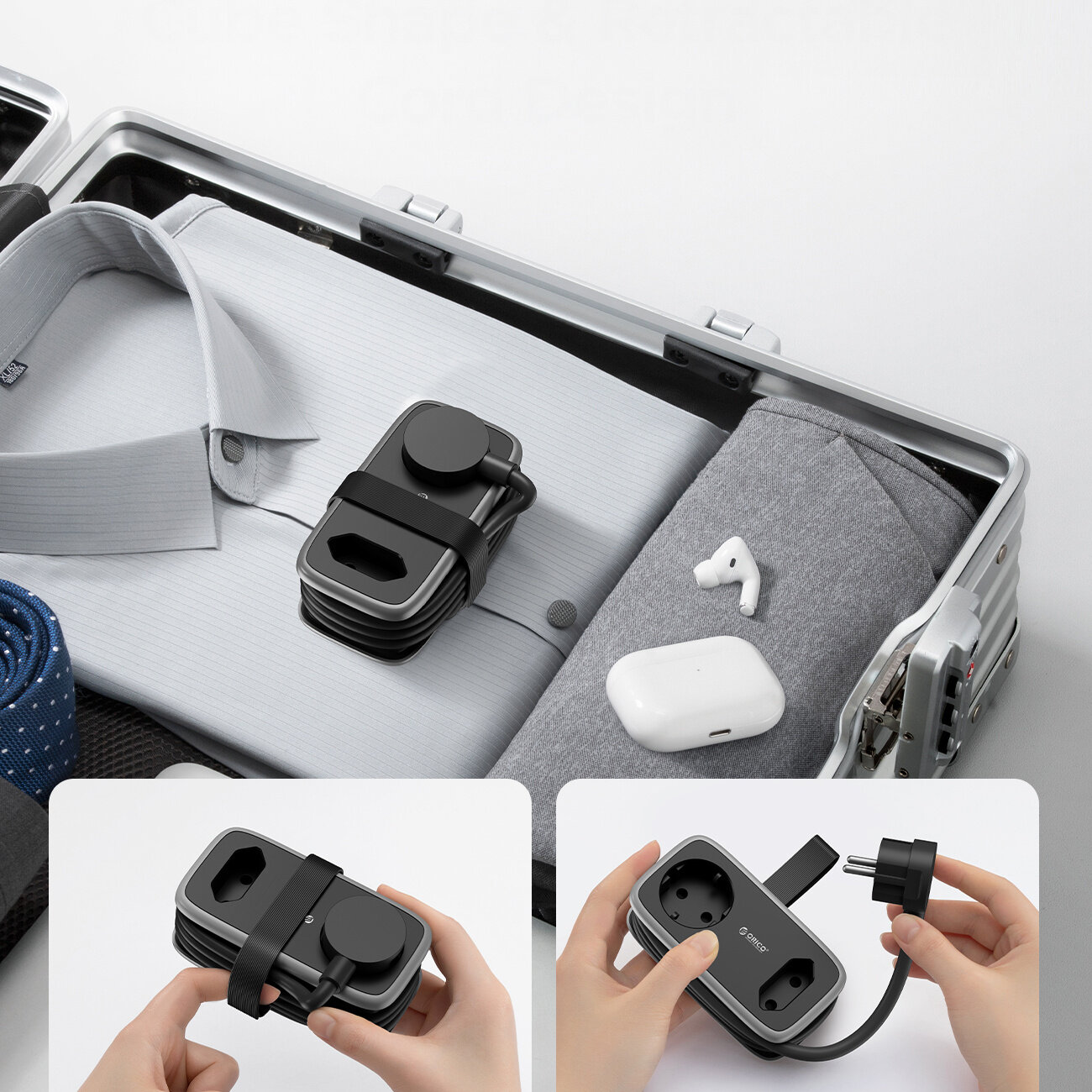 Na obrazie widoczna jest czarna listwa zasilająca z dwoma gniazdami AC, dwoma portami USB-A i jednym USB-C, umieszczona w walizce obok złożonej koszuli i słuchawek bezprzewodowych. Dodatkowo pokazane są dwie ręce trzymające listwę zasilającą, prezentując jej funkcje i złącza.