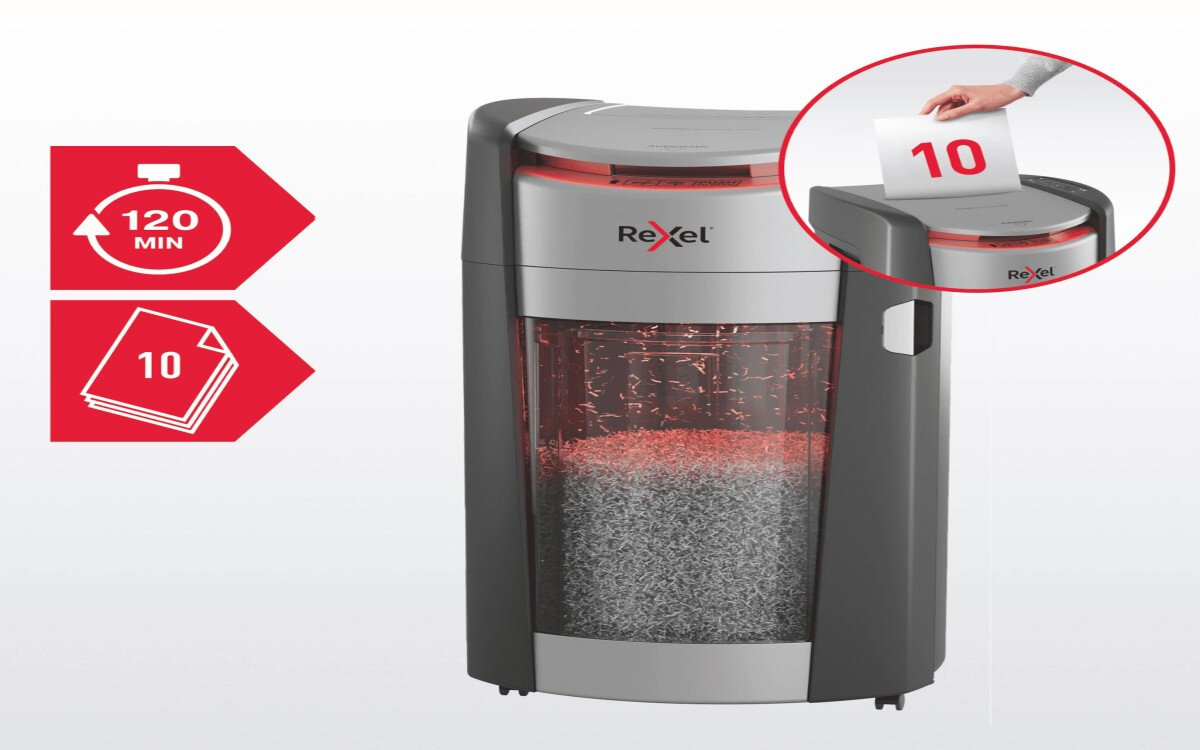 Niszczarka z przezroczystym pojemnikiem na ścinki i logo Rexel. Obok widoczne są ikony z tekstem '120 MIN' i '10'.