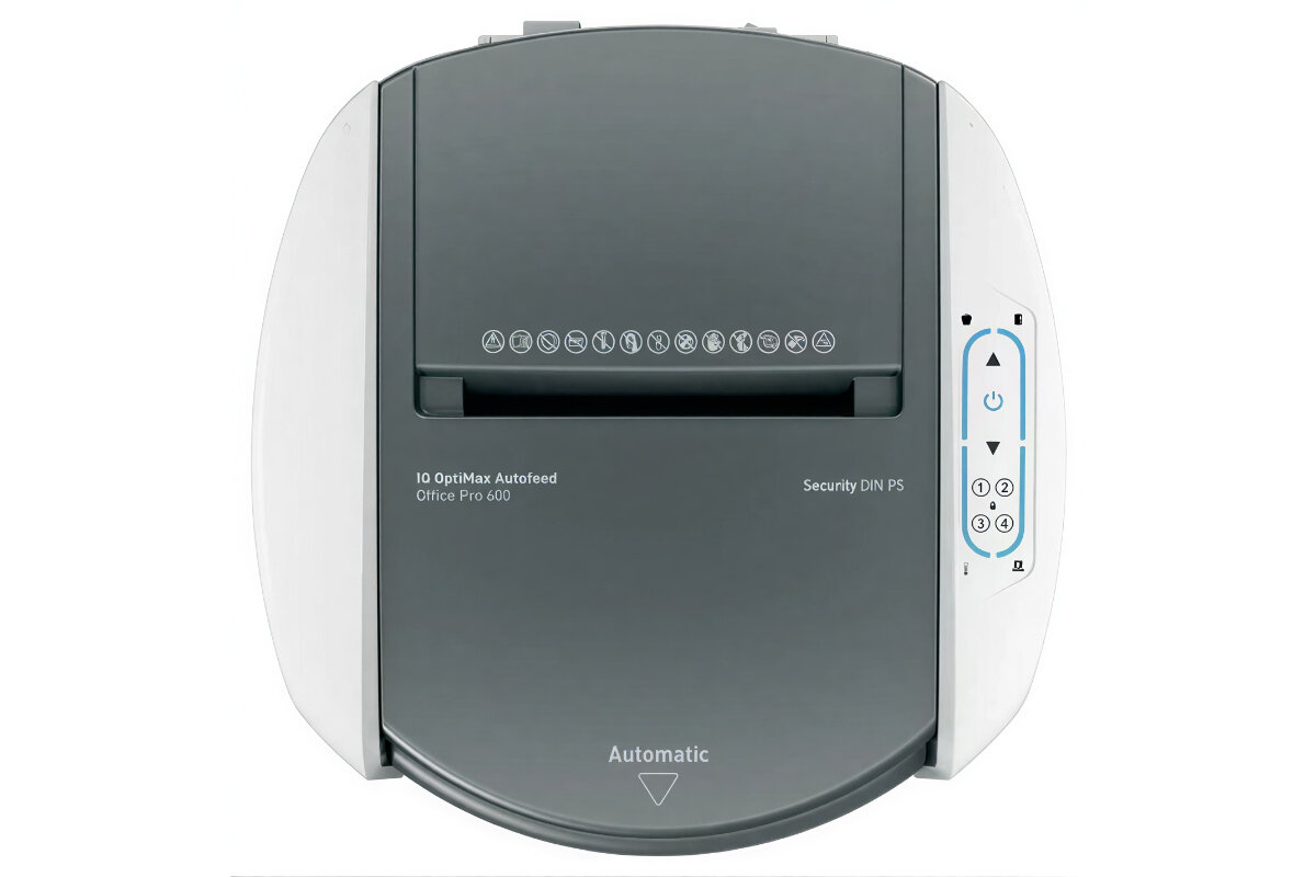 Widok z góry na niszczarkę z panelem sterowania i oznaczeniami: \'IQ OptiMax Autofeed Office Pro 600\', \'Security DIN P5\', \'Automatic\'.