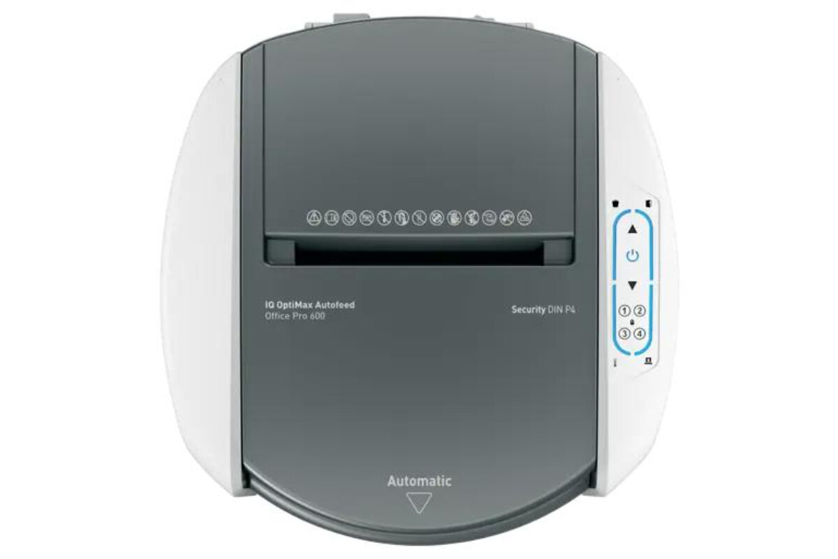 Niszczarka z panelem sterowania i widocznymi oznaczeniami: 'IQ OptiMax Autofeed Office Pro 600', 'Security DIN P-4', 'Automatic'.