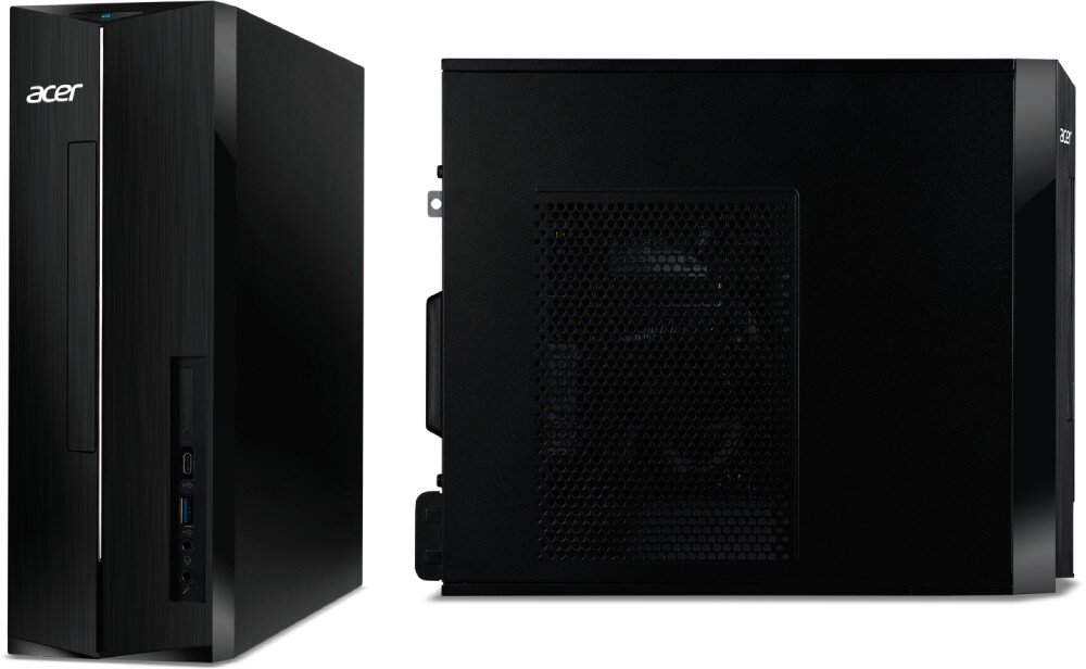 Komputer ACER Aspire XC-1715 TWLD4 Dwa ujęcia komputera stacjonarnego na białym tle, po lewej widok od przodu pod kątem, po prawej boczna obudowa z siatką wentylacyjną