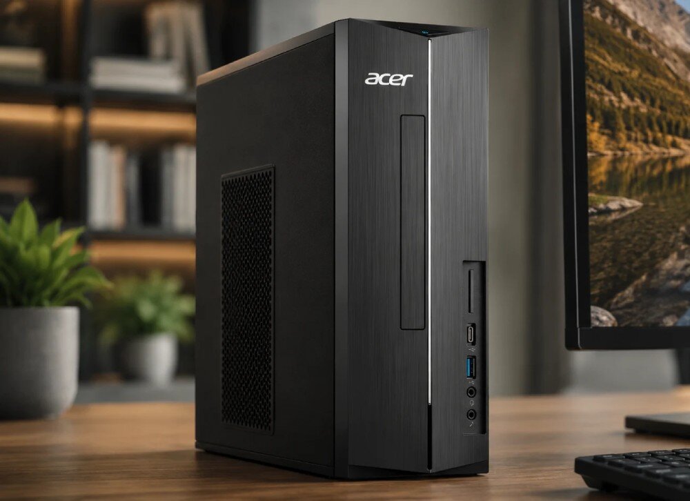 Komputer ACER Aspire XC-1715 TWLD4 Komputer stacjonarny pokazany z bliska od przodu i boku, stojący na drewnianym stole w jasnym pomieszczeniu, z widocznymi portami i logo na froncie