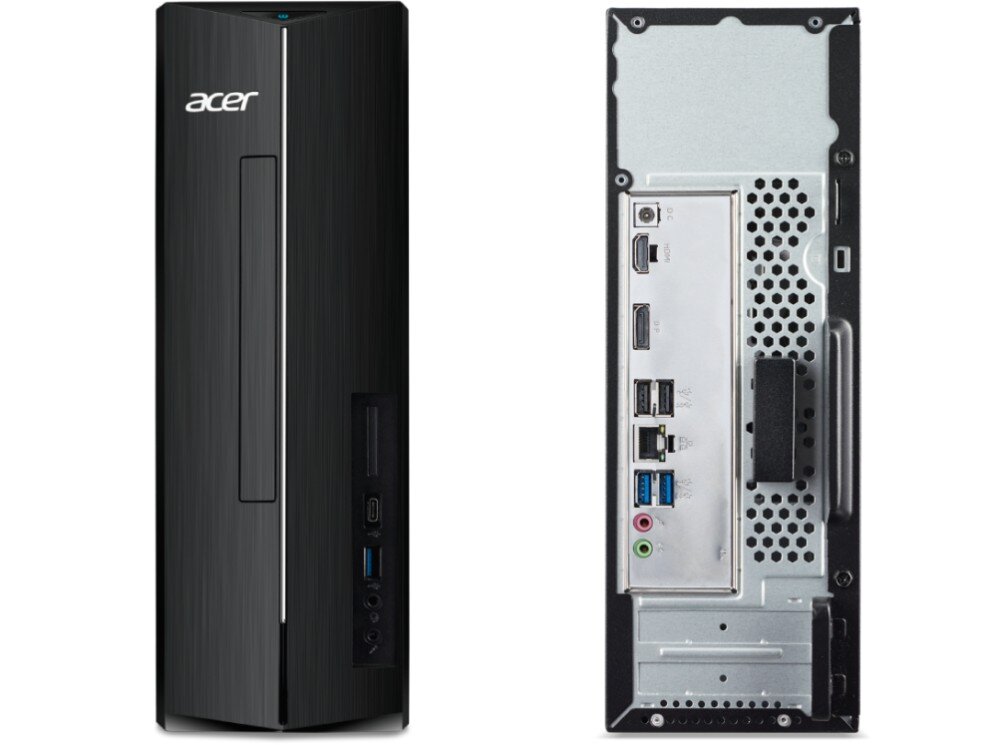 Komputer ACER Aspire XC-1715 TWLD4 Dwa zdjęcia obudowy komputera na białym tle, po lewej panel przedni z pionową linią i portami, po prawej panel tylny z licznymi złączami