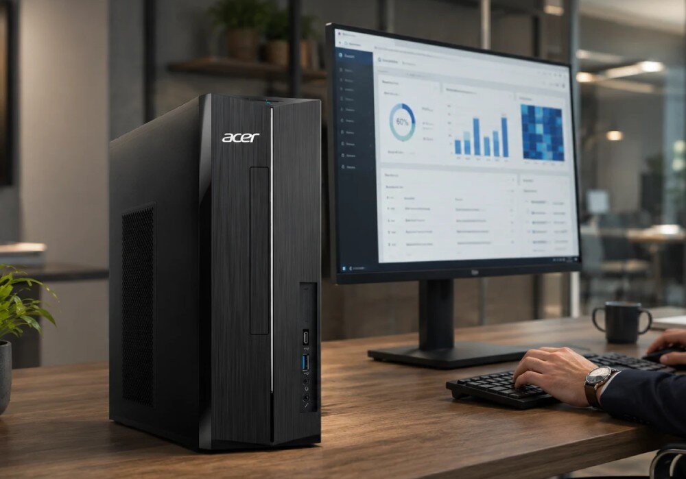 Komputer ACER Aspire XC-1715 TWLD4 Komputer stacjonarny z logo 'acer' stoi na biurku obok monitora wyświetlającego wykresy, a po prawej widoczna jest ręka pisząca na klawiaturze