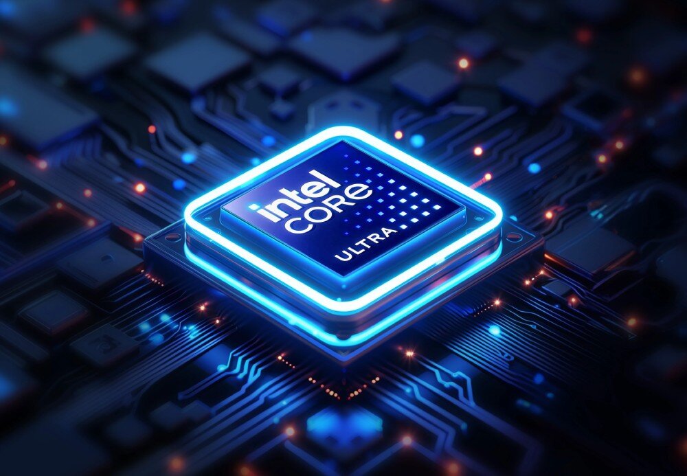 Obraz przedstawia procesor z napisem \'intel CORE ULTRA\' otoczony niebieską poświatą, umieszczony na płycie głównej z widocznymi ścieżkami i elementami elektronicznymi.
